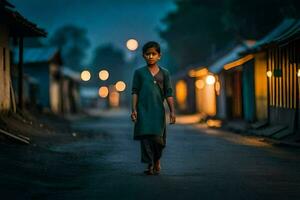un joven niña caminando abajo un calle a noche. generado por ai foto