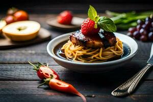 chicken with noodles and berries on a wooden table. AI-Generated photo