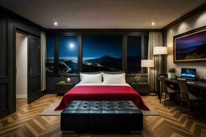 a bedroom with a bed, desk and night view of mountains. AI-Generated photo