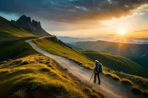 a man walks on a path in the mountains. AI-Generated photo