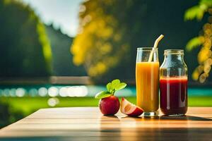 two glasses of juice on a table with a glass of water. AI-Generated photo