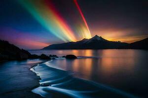 a rainbow light shines over the water and mountains. AI-Generated photo