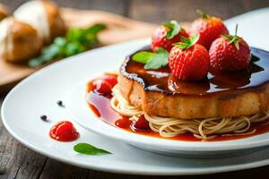 a plate topped with a cake and strawberries. AI-Generated photo