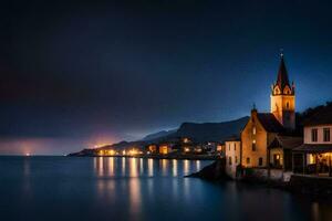 a church in the middle of the ocean at night. AI-Generated photo