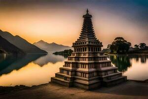 a pagoda sits on the shore of a lake at sunset. AI-Generated photo