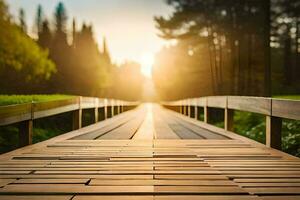 a wooden bridge in the middle of a forest. AI-Generated photo