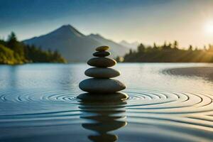 un apilar de piedras en el agua con montañas en el antecedentes. generado por ai foto