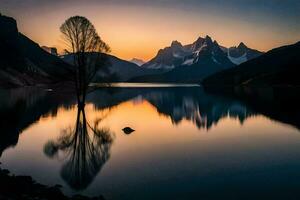 a lone tree stands in the middle of a lake at sunset. AI-Generated photo