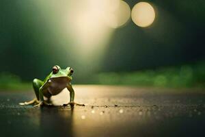 a frog is standing on the road in front of a bright light. AI-Generated photo