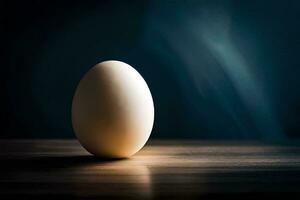 an egg sitting on a table in front of a dark background. AI-Generated photo