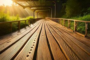 a wooden bridge with the sun shining through it. AI-Generated photo