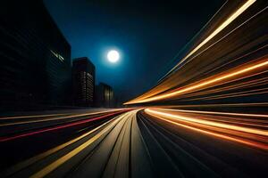 un largo exposición fotografía de un ciudad calle a noche. generado por ai foto