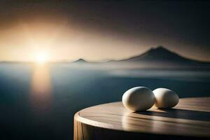 two eggs on a table with a mountain in the background. AI-Generated photo