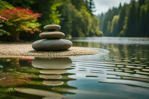 a stack of stones sitting on the shore of a lake. AI-Generated photo