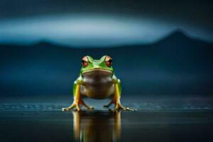 un rana sentado en el suelo con un oscuro antecedentes. generado por ai foto