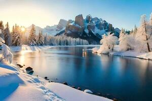 un hermosa invierno paisaje con nieve cubierto arboles y montañas. generado por ai foto