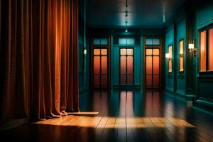 un vacío pasillo con rojo cortinas y de madera pisos generado por ai foto