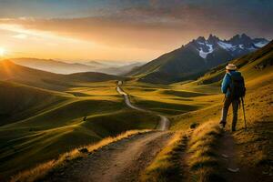 el hombre es en pie en el la carretera en el montañas. generado por ai foto