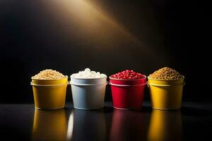 four buckets of different types of food on a black background. AI-Generated photo