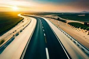 un vacío autopista a puesta de sol con el Dom ajuste detrás él. generado por ai foto