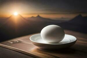 a ball of white on a plate in front of a mountain. AI-Generated photo