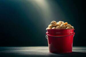 a red bucket filled with peanuts on a dark table. AI-Generated photo