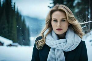 a beautiful blonde woman in a winter coat and scarf. AI-Generated photo