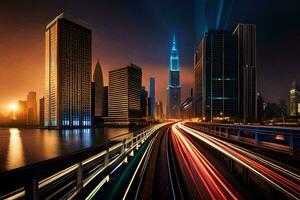 un ciudad a noche con luces en el carretera. generado por ai foto