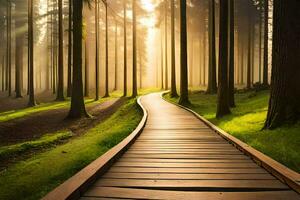 a wooden path leads through the woods at sunrise. AI-Generated photo