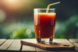 un vaso de jugo con un Paja en un de madera mesa. generado por ai foto