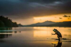 un rana en pie en el borde de un lago a puesta de sol. generado por ai foto