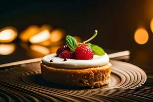 a dessert with a raspberry and mint leaf on top. AI-Generated photo