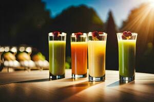 five different drinks are lined up on a table. AI-Generated photo