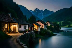 foto fondo de pantalla el cielo, montañas, casa, el noche, el río, el montañas, el. generado por ai