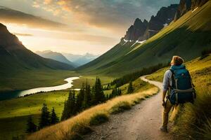 a man with a backpack walking down a path in the mountains. AI-Generated photo