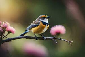 a small bird is sitting on a branch with pink flowers. AI-Generated photo