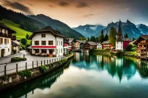 photo wallpaper mountains, water, houses, the alps, switzerland, the alps,. AI-Generated