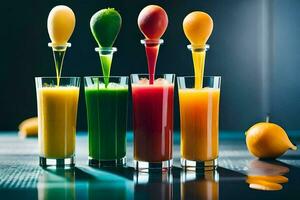 juice being poured into glasses of different colors. AI-Generated photo