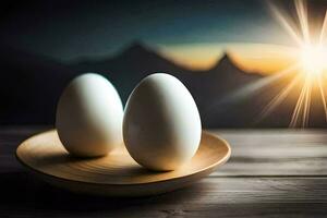 two eggs on a wooden plate with a sunset in the background. AI-Generated photo