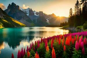 the sun rises over a lake and colorful flowers in the mountains. AI-Generated photo