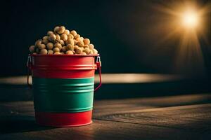 peanuts in a red bucket on a wooden table. AI-Generated photo