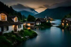 photo wallpaper the sky, mountains, lake, house, the village, the lake, the mountains. AI-Generated