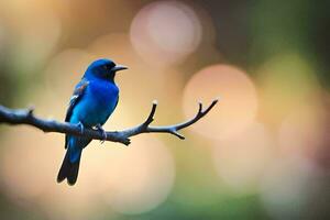 a blue bird sits on a branch in front of a blurry background. AI-Generated photo