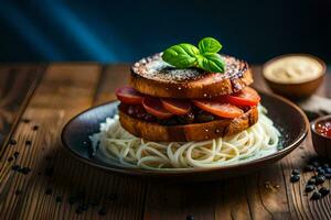 a sandwich with spaghetti and tomatoes on a plate. AI-Generated photo