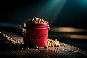 a red bucket filled with peanuts on a wooden table. AI-Generated photo