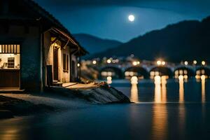 photo wallpaper the moon, bridge, house, lake, night, river, bridge, house,. AI-Generated