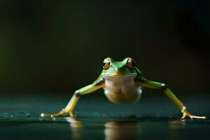a frog is standing on a dark surface. AI-Generated photo