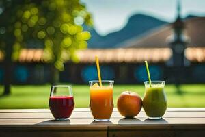 Tres lentes de jugo en un mesa. generado por ai foto