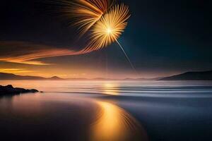 un Fuegos artificiales es iluminado arriba en el cielo terminado un cuerpo de agua. generado por ai foto