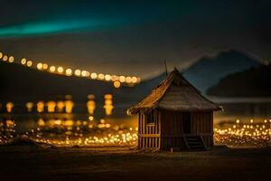 un choza se sienta en el apuntalar de un lago a noche. generado por ai foto